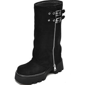 ⚡Women's Black Suede Wide Calf Knee High Riding Boot Chunky Low Heel Round Toe